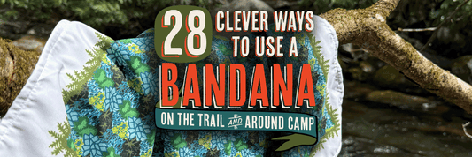 Copy block with headline that says "25 Clever Ways to Use a Bandana on the trail and around camp". This is overlaying a photo of the Moss Bandana hanging on a tree in the Great Smoky Mountains.