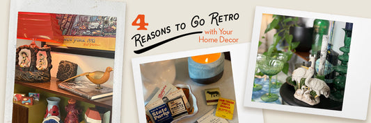 Collage of polaroid frames with photos of vintage home decor mixed with modern home decor.
