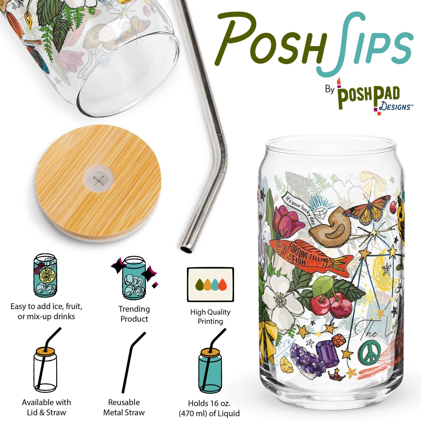 This infographic shows an angle of the glass with the lid and straw sitting beside it and a photo of the glass by itself. Product perks include a wide top that makes it easy to add ice and fruit, high-quality printing, an available option with a reusable metal straw and eco-friendly bamboo lid, and it holds 16 ounces of liquid.