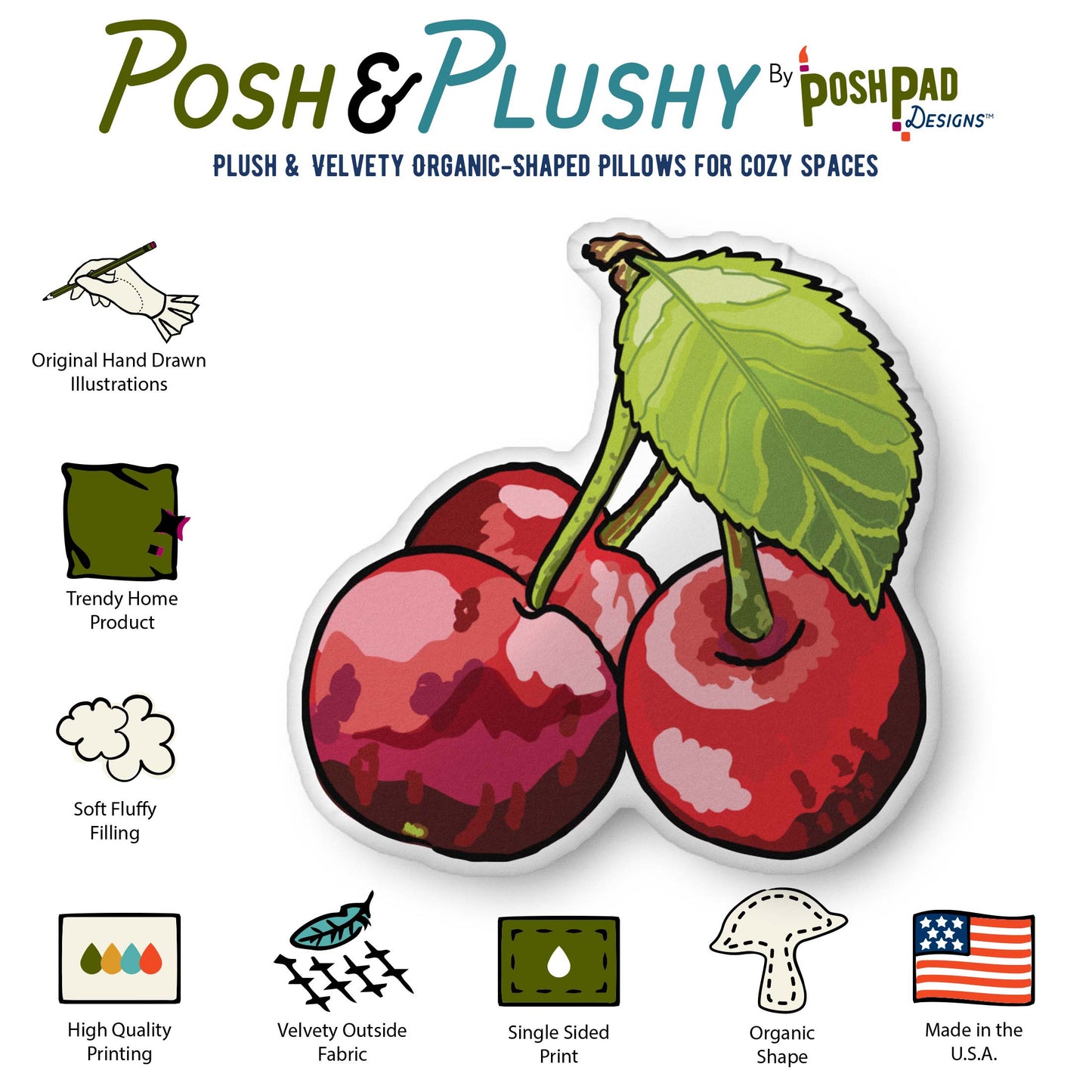 This is an infographic showing the pillow perks and product details. The perks listed are the velvety fabric, plush stuffing, high-quality printing with vibrant inks, and the fact that the product is made in the USA.