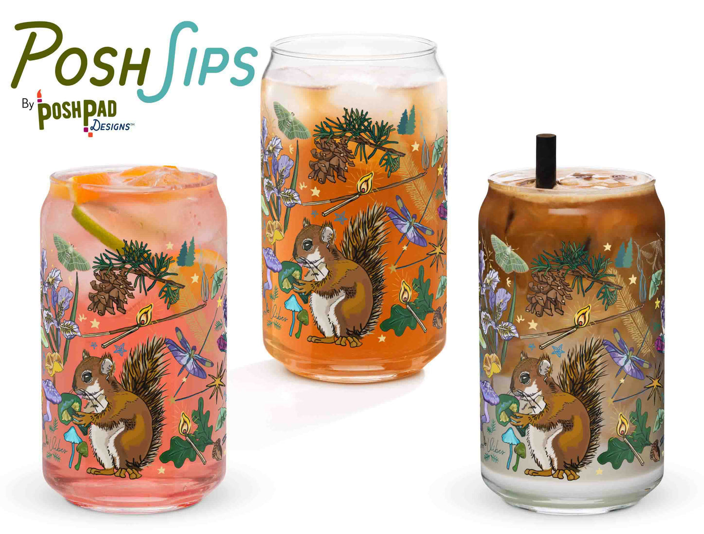 This image shows three glasses, each one with a different drink to show how the glass looks with differently colored liquid in it. There's a glass of pink drink, iced tea, and another with an iced latte.