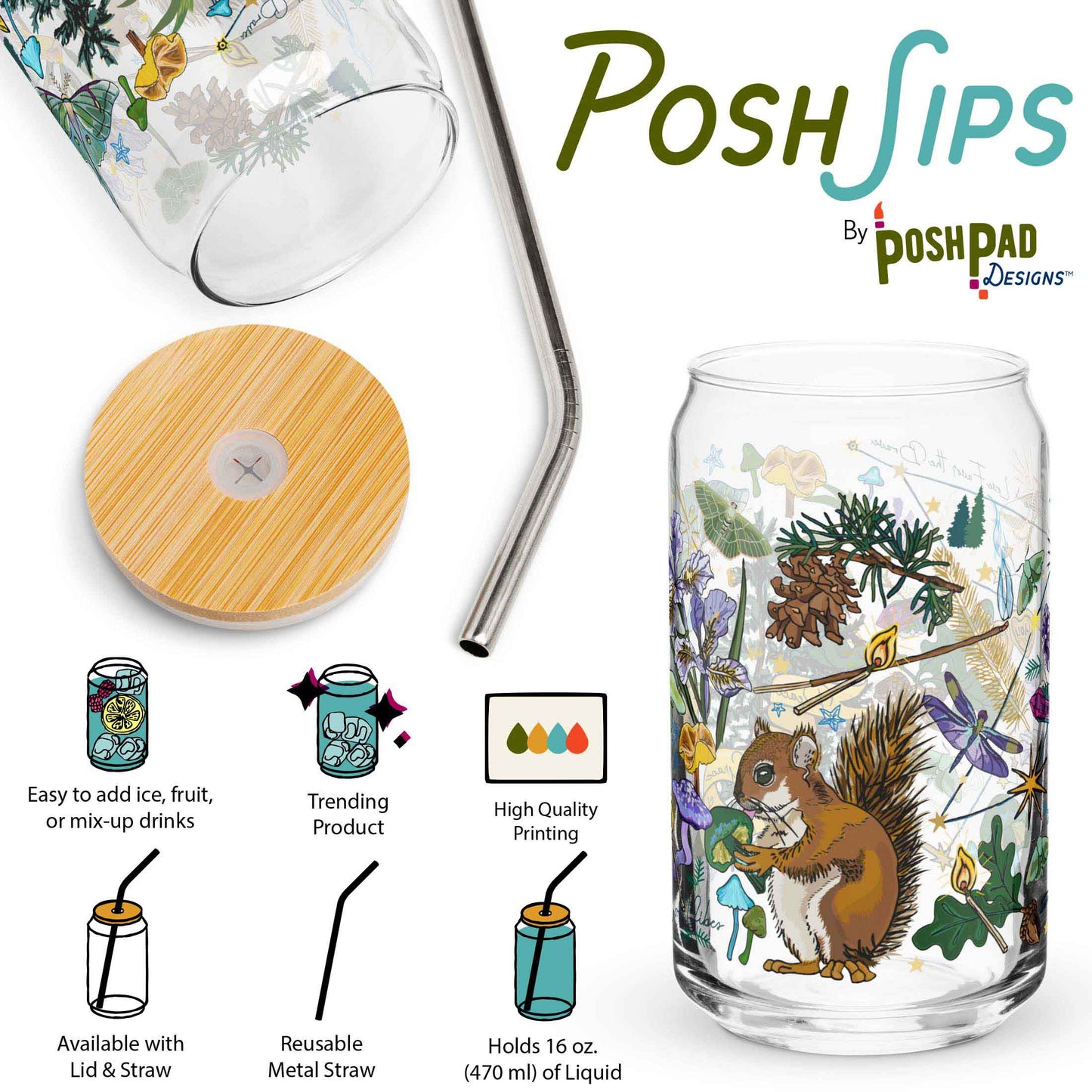 This infographic shows an angle of the glass with the lid and straw sitting beside it and a photo of the glass by itself. Product perks include a wide top that makes it easy to add ice and fruit, high-quality printing, an available option with a reusable metal straw and eco-friendly bamboo lid, and it holds 16 ounces of liquid.