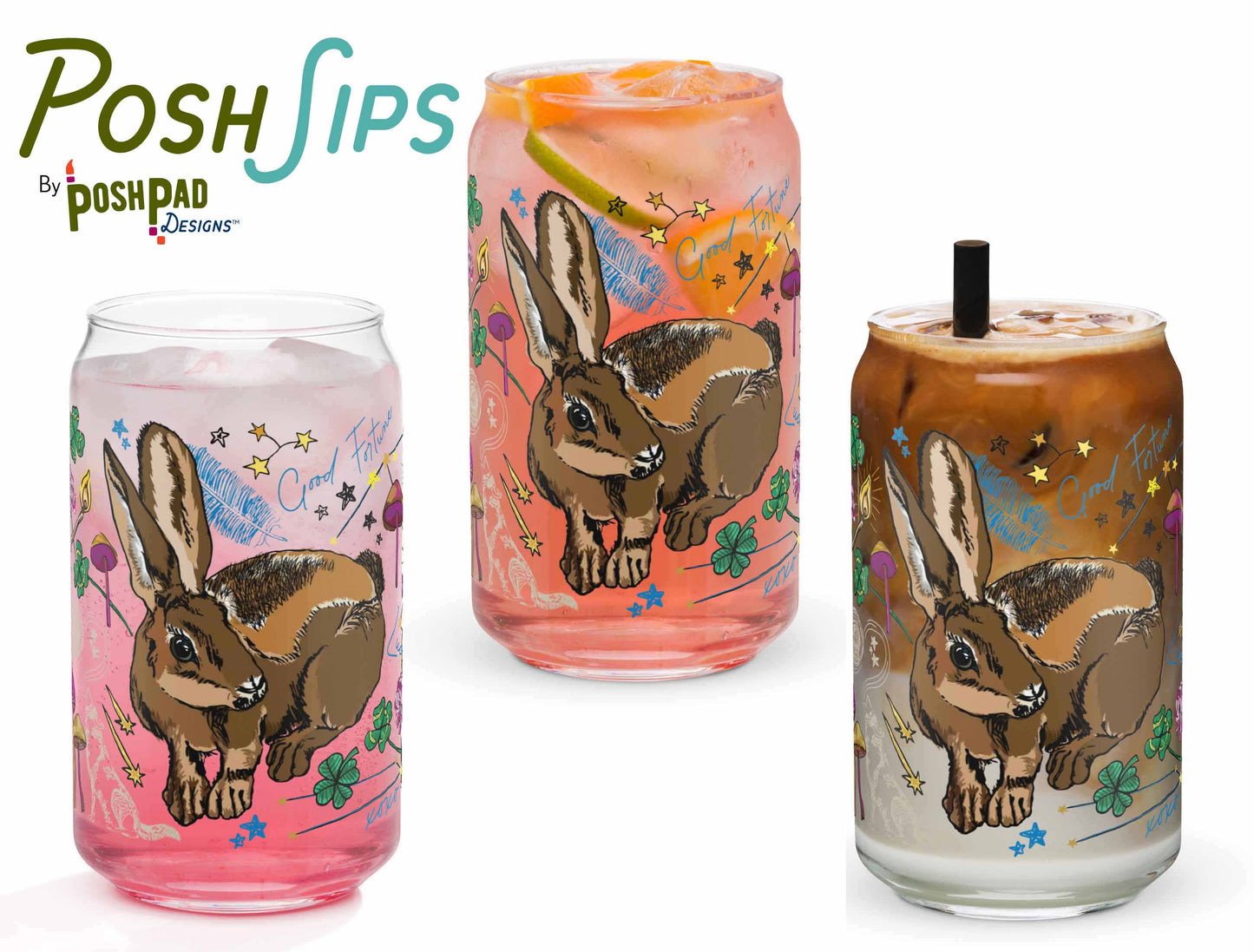 This image shows three glasses, each one with a different drink to show how the glass looks with differently colored liquid in it. There's a glass of pink drink, iced tea, and another with an iced latte.