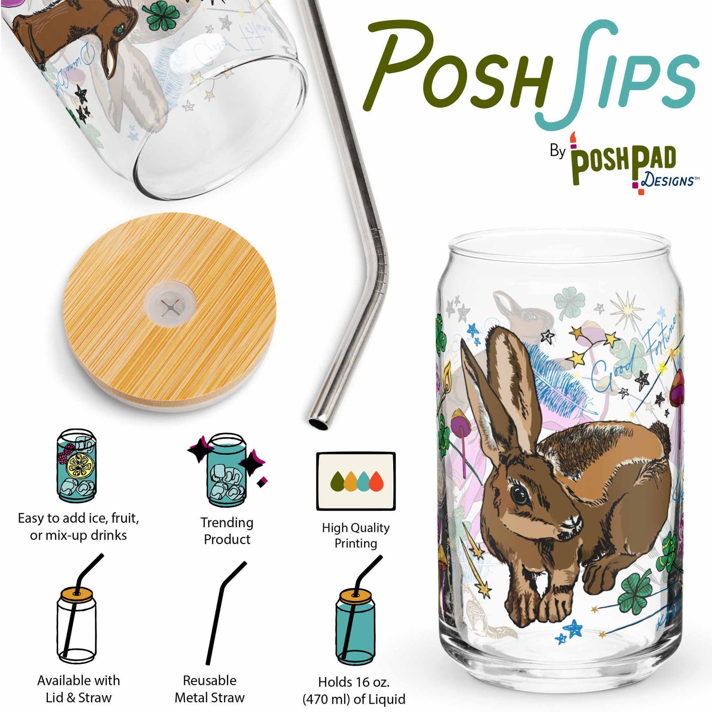 This infographic shows an angle of the glass with the lid and straw sitting beside it and a photo of the glass by itself. Product perks include a wide top that makes it easy to add ice and fruit, high-quality printing, an available option with a reusable metal straw and eco-friendly bamboo lid, and it holds 16 ounces of liquid.