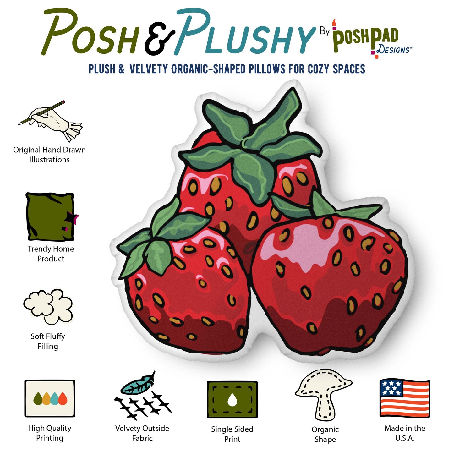 This is an infographic showing the pillow perks and product details. The perks listed are the velvety fabric, plush stuffing, high-quality printing with vibrant inks, and the fact that the product is made in the USA.