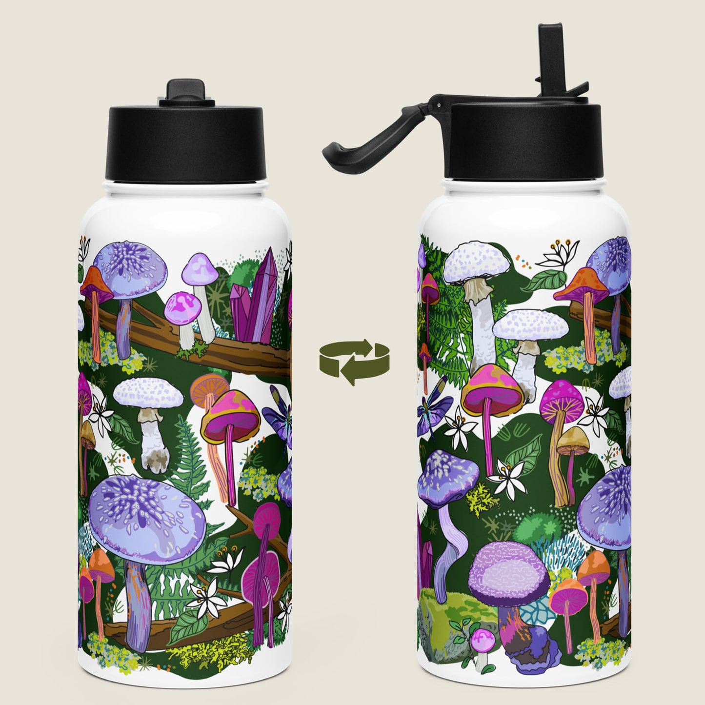 There are two water bottles on an ivory background. Each view shows a different side of the design.