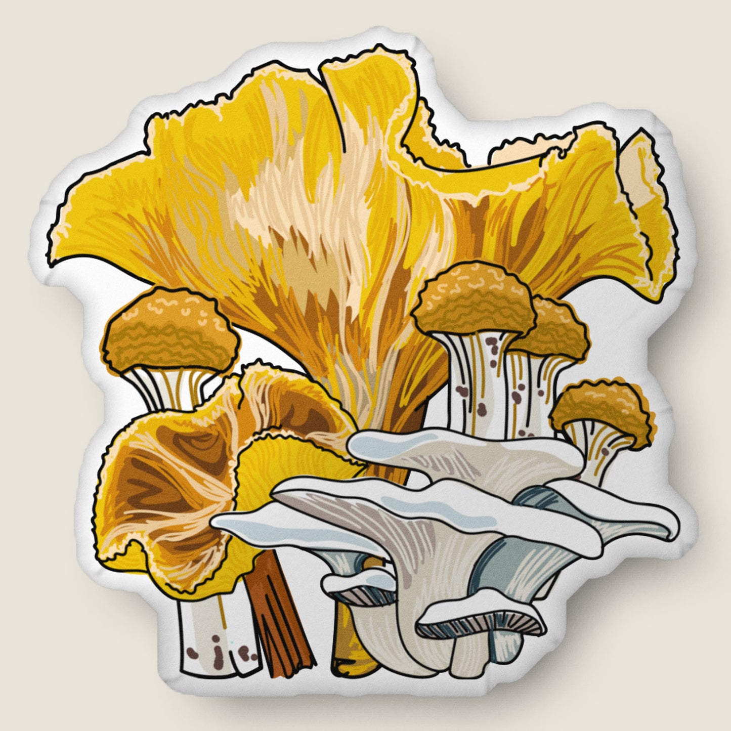 Yellow mushroom-shaped pillow on an ivory background.