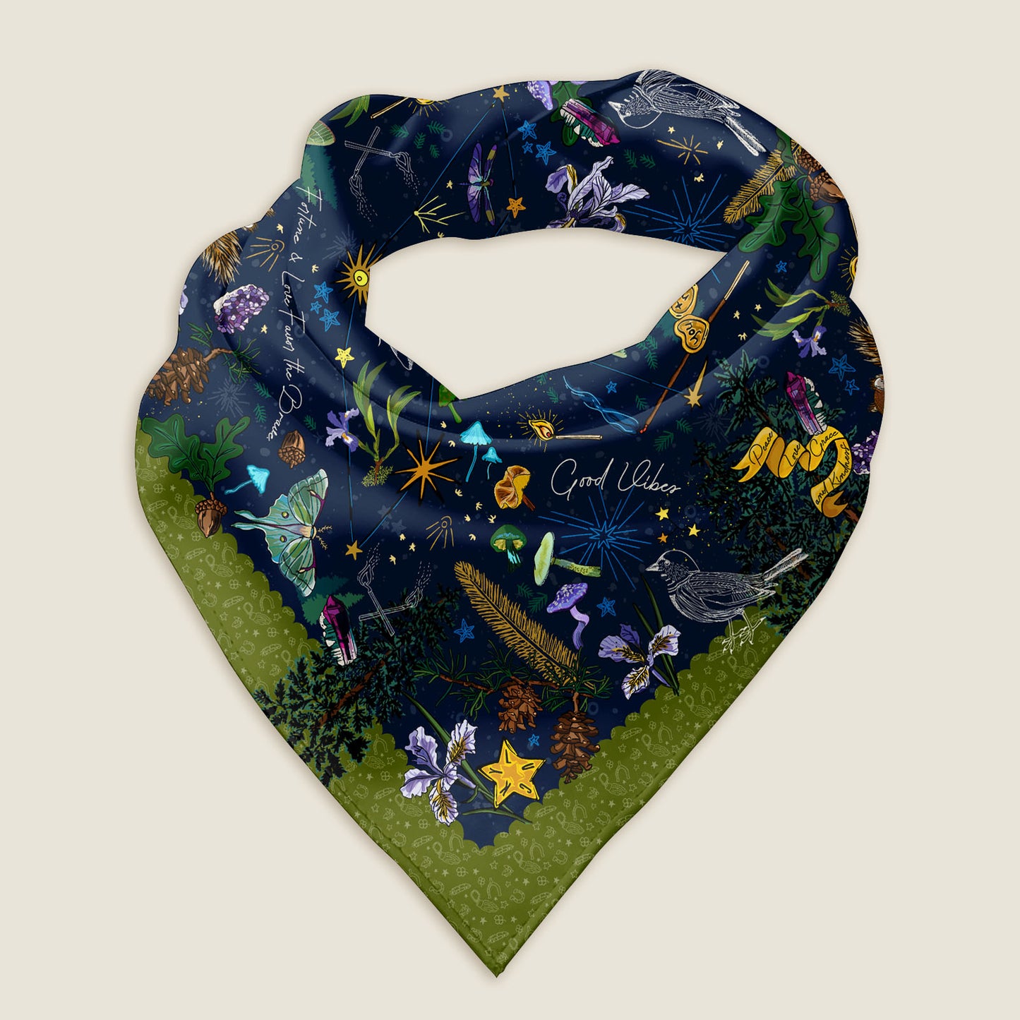 The Cygnus stars bandana on an ivory background. It shows details of the hand-drawn artwork, which includes the Cygnus constellation stars, vibrant mushrooms, luna moths, crystals, burning matches, wild iris, lucky stars, pine trees, and birds. All of these represent good fortune and blessings. The color palette is deep blues and greens with purples and yellows.