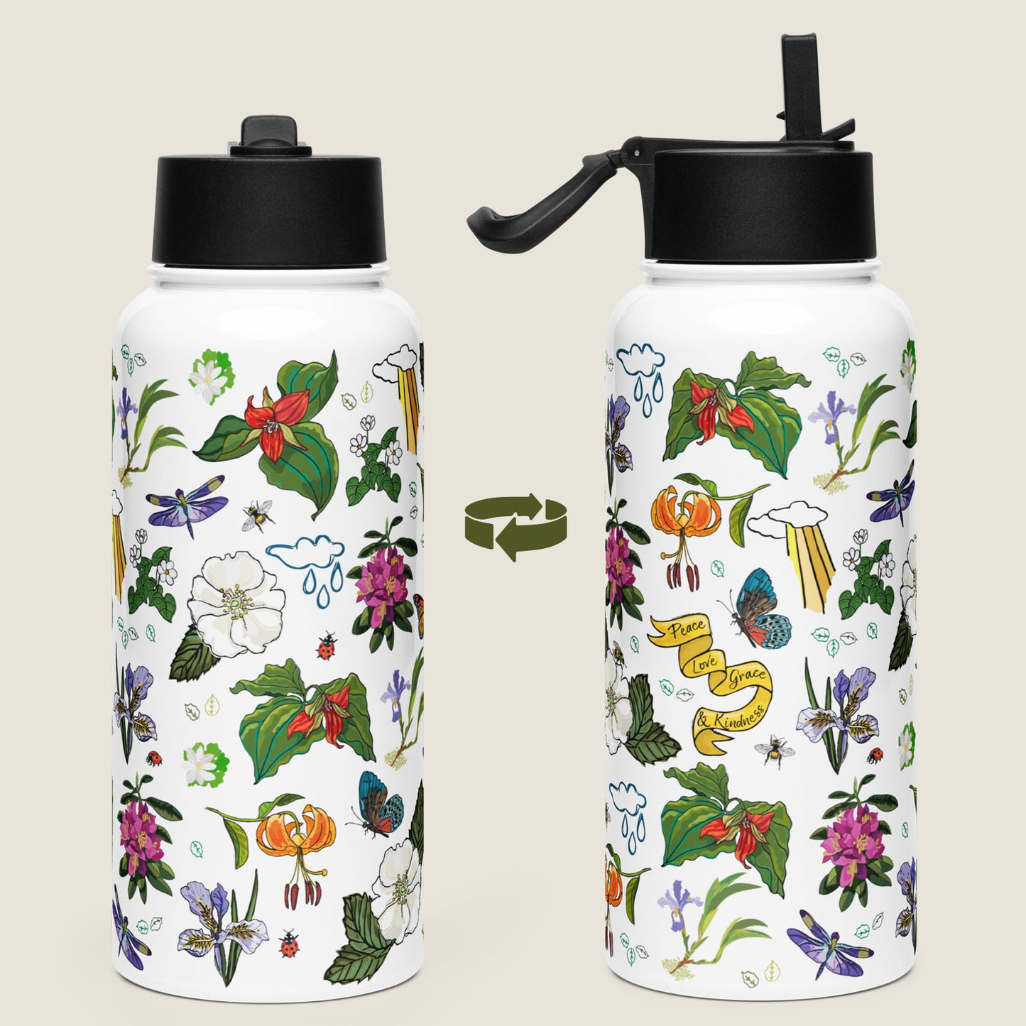 There are two water bottles on an ivory background. Each view shows a different side of the design.