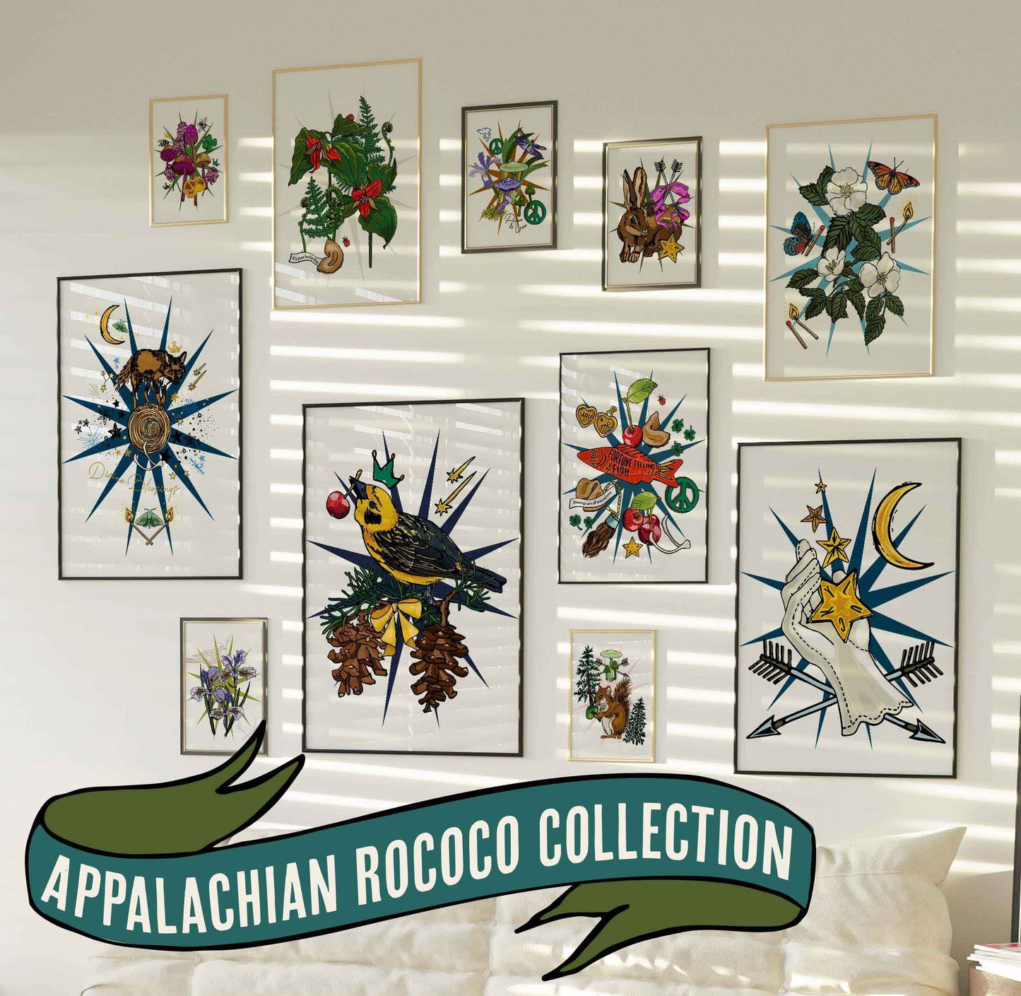 This photo shows the entire Appalachian Rococo art print collection in frames and hung as a gallery wall.