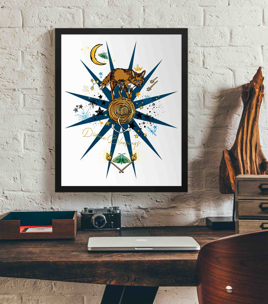 This photo shows the framed Celestial Fox art print hanging on a white brick wall. Below it, there is a wood. The desk has a camera, laptop, and wood sculpture on it.