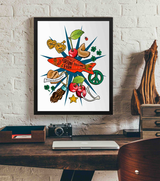 This photo shows the framed Lucky Charms art print hanging on a white brick wall. Below it, there is a wood. The desk has a camera, laptop, and wood sculpture on it.