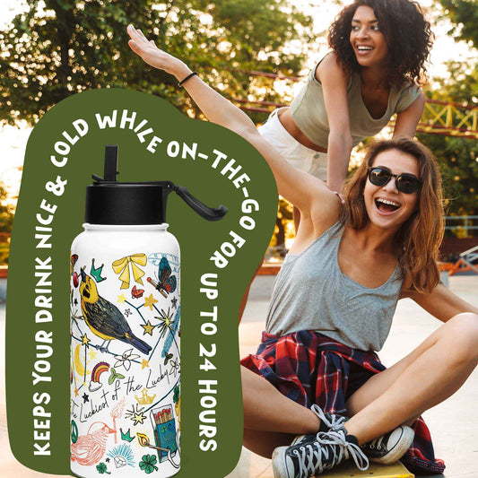 There is a photo of the water bottle laid on top of a green organic shape. The words "Keeps you drink nice & cold while on the go for up to 24 hours" are written around the water bottle. There's a background photo of two women in an urban setting. One woman is pushing the other on a skateboard.