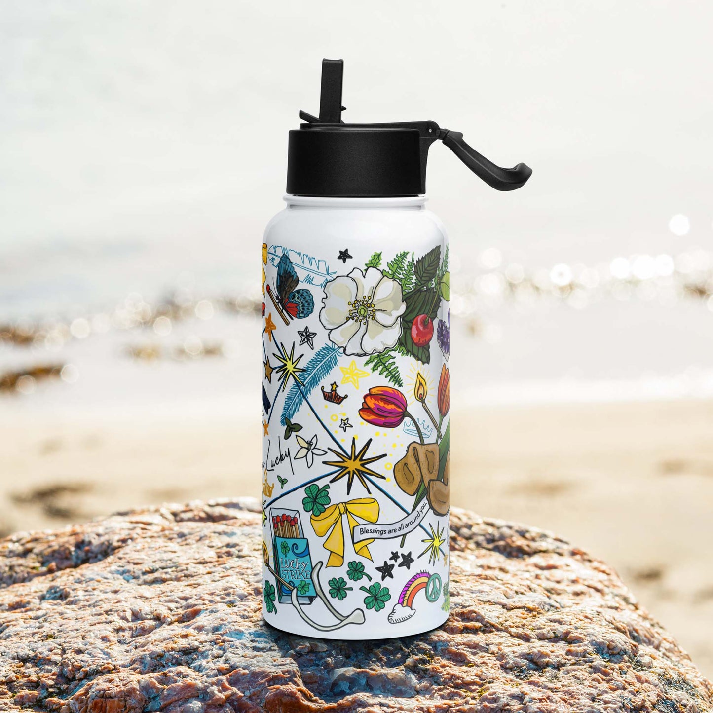 Right of the Aquarius Stars and Birds Insulated Water Bottle with Straw Lid | Good Luck Charms, Rainbows, Crowns, Mushrooms | Outdoorsy Girl Gift