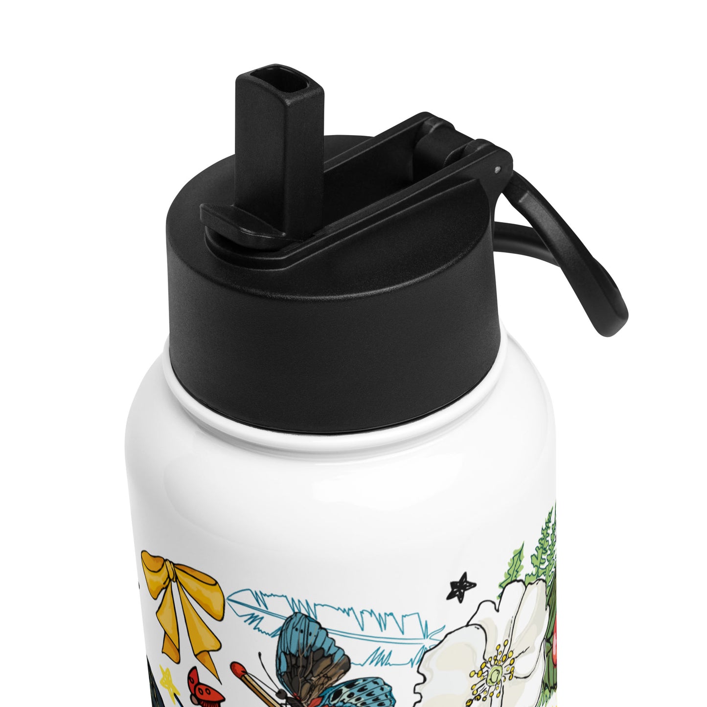 This is a close-up image of the black lid that shows the adjustable handle and the pop-up straw.