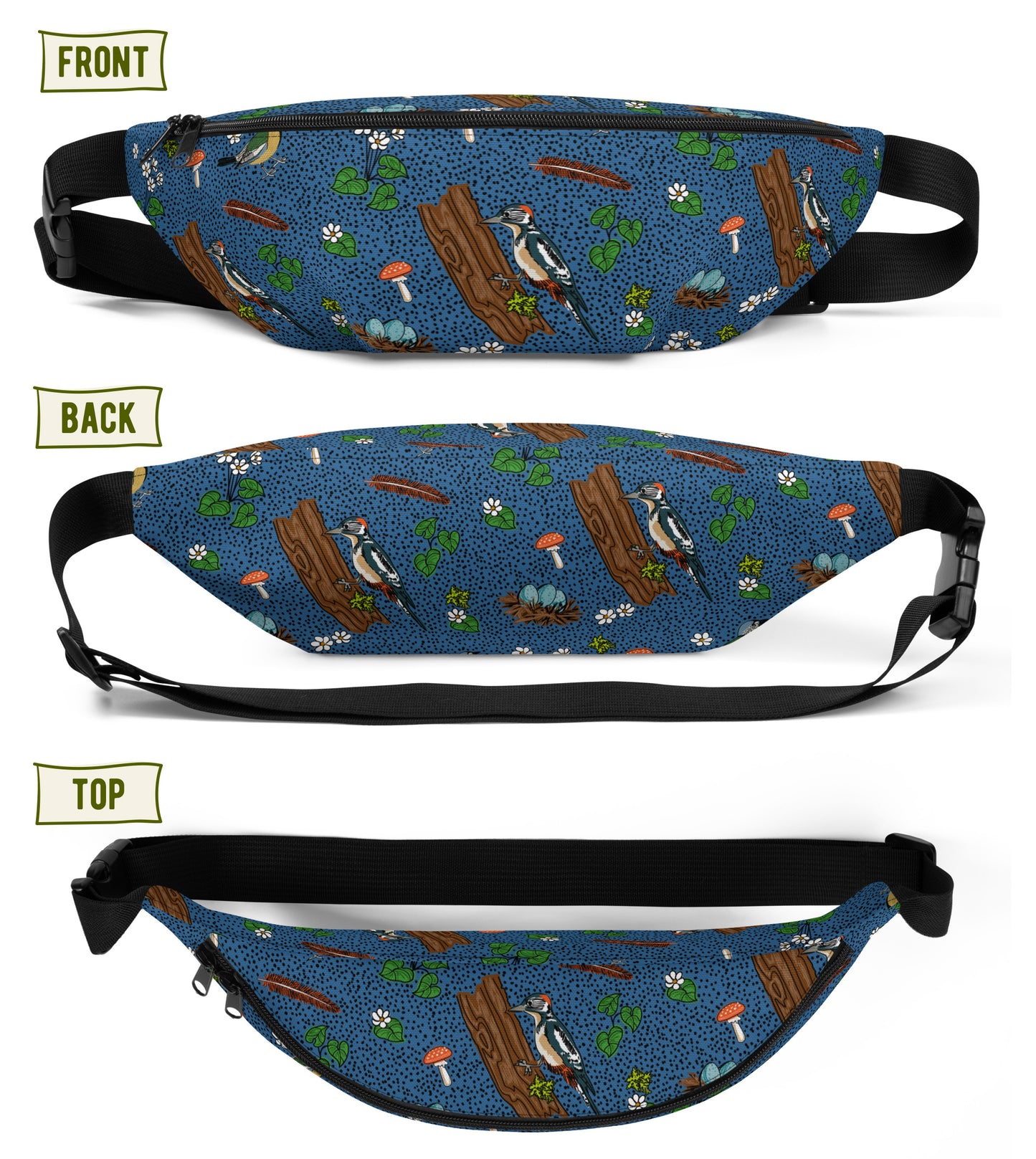 Image of the pack from different angles showing the front, back, and top.
