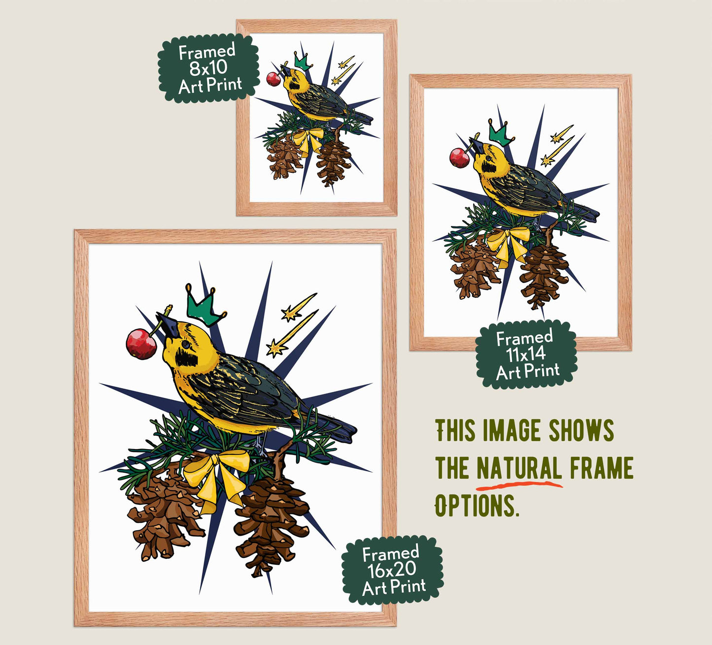 This image shows the three available sizes, which are 8x10, 11x14, and 16x20. This image shows them all in natural wood frames.