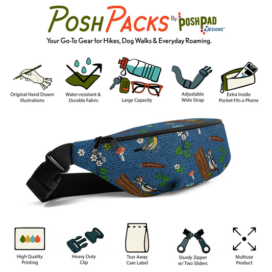 This is an infographic showing a photo of the pack with mini illustrations around it. The illustrations show the pack perks like the adjustable strap, extra pocket, large capacity, and water-resistant fabric.