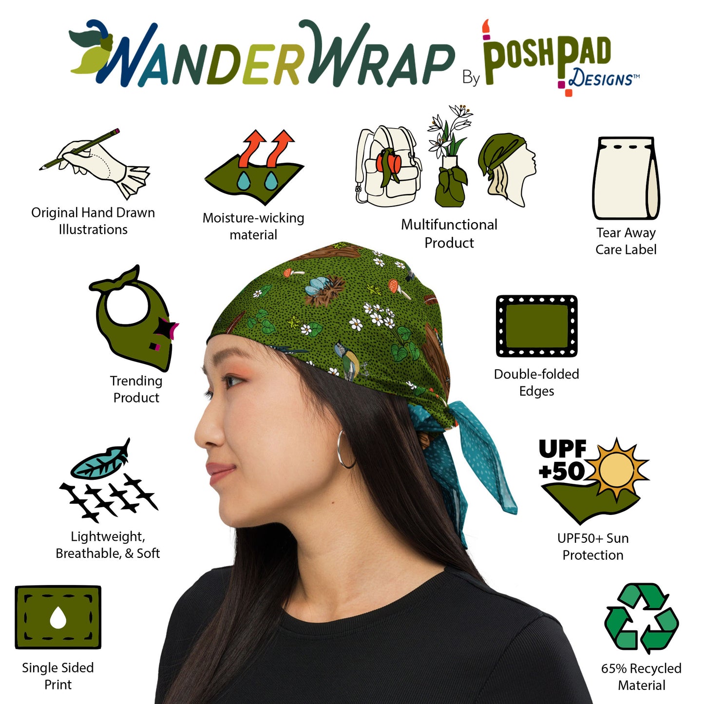 This is an image of illustrations showing features and a photo of a woman wearing the scarf bandana as a head wrap. Features include moisture-wicking recycled material, UPF sun protection, tear away label, trending product, and double-folded edges.