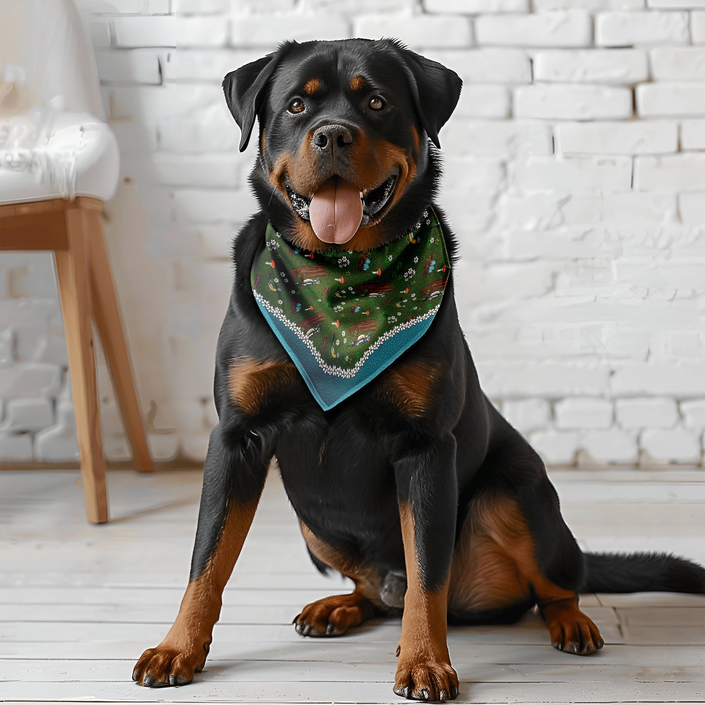 The bird bandana on a dog.