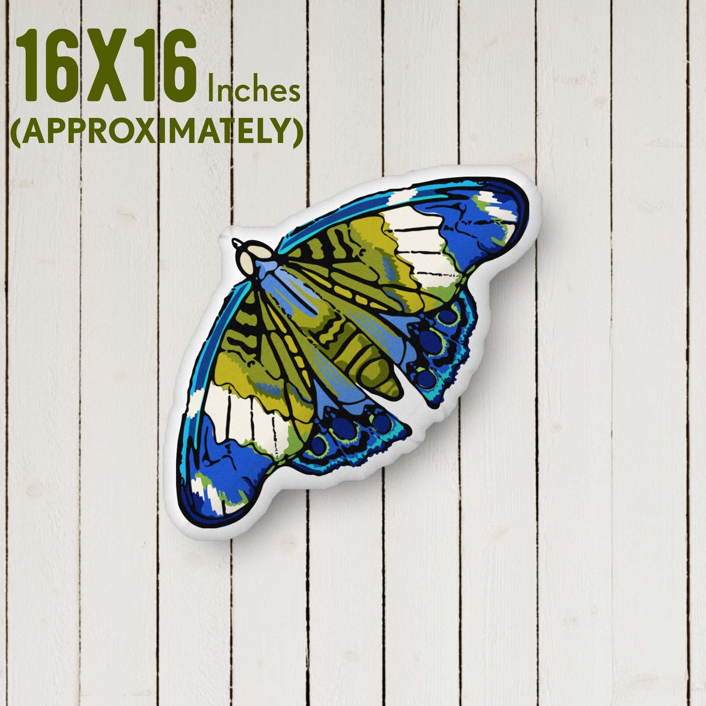 Blue and Green Moth-shaped Throw Pillow Organic-shaped Pillow | Home Decor | Plush Art Throw Pillow - Medium is approximately 16 x 16 inches