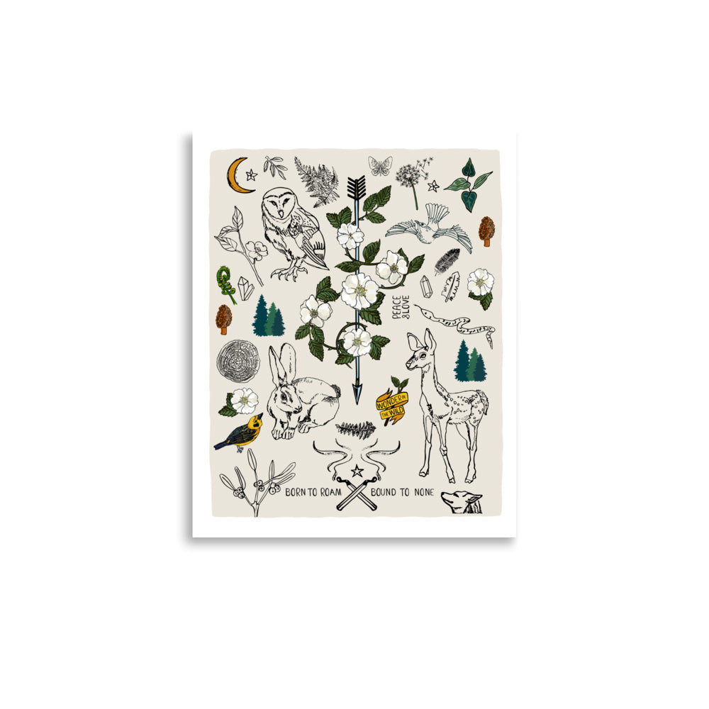 11x14 Born to Roam art print poster. The nature artwork has an owl, a wolf, a bird, a deer, a snake, a rabbit, ferns, forest, a crescent moon, crystals, mushrooms, burning matches, and flowers.