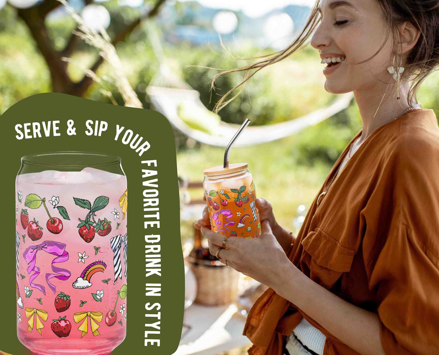 This is a photo of the glass with ice and a pink drink in it. It's laid over an organic green shape with the words "Serve & sip your favorite drink in style" written around the glass. This is laid over a photo of a woman holding the glass at a picnic.