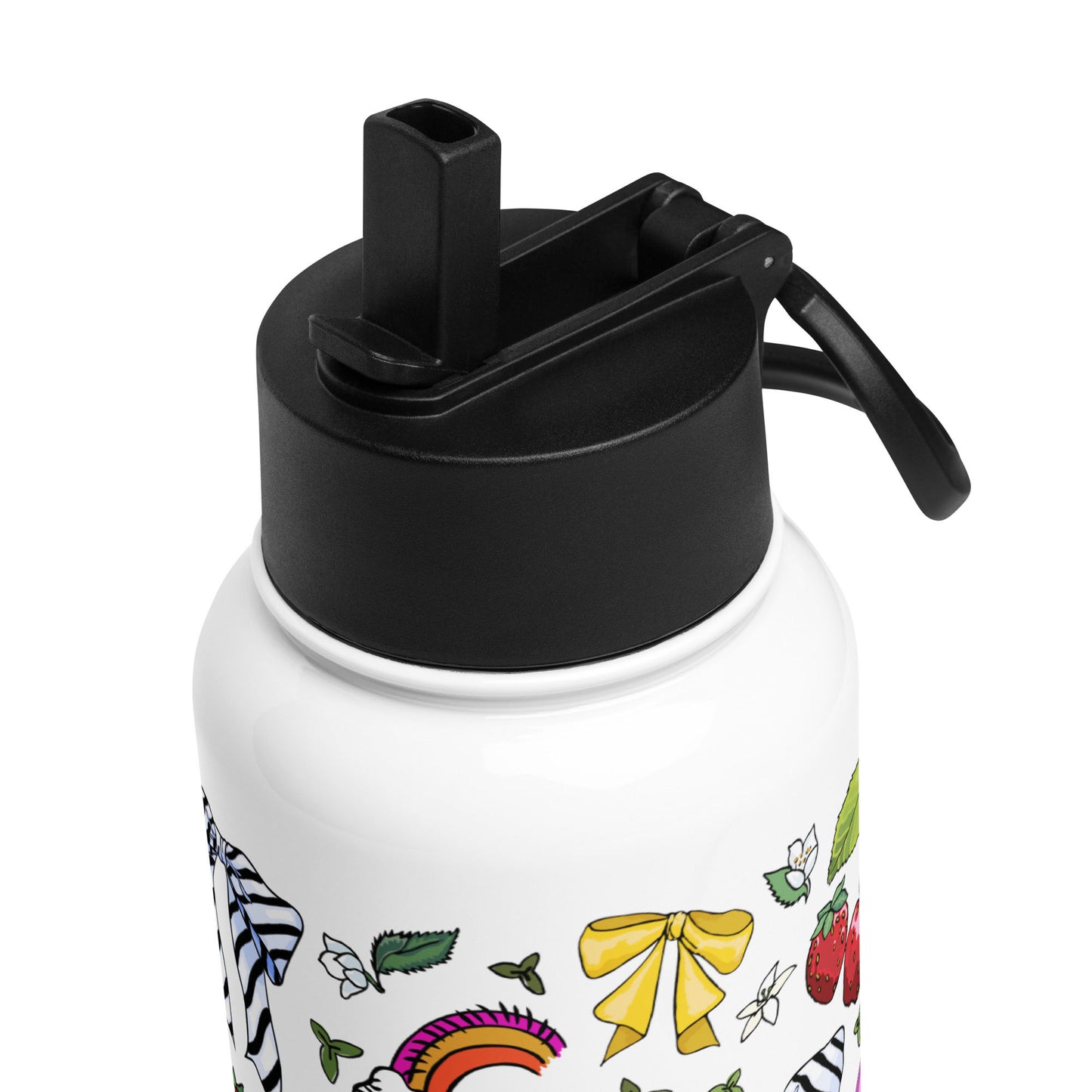 This is a close-up image of the black lid that shows the adjustable handle and the pop-up straw.