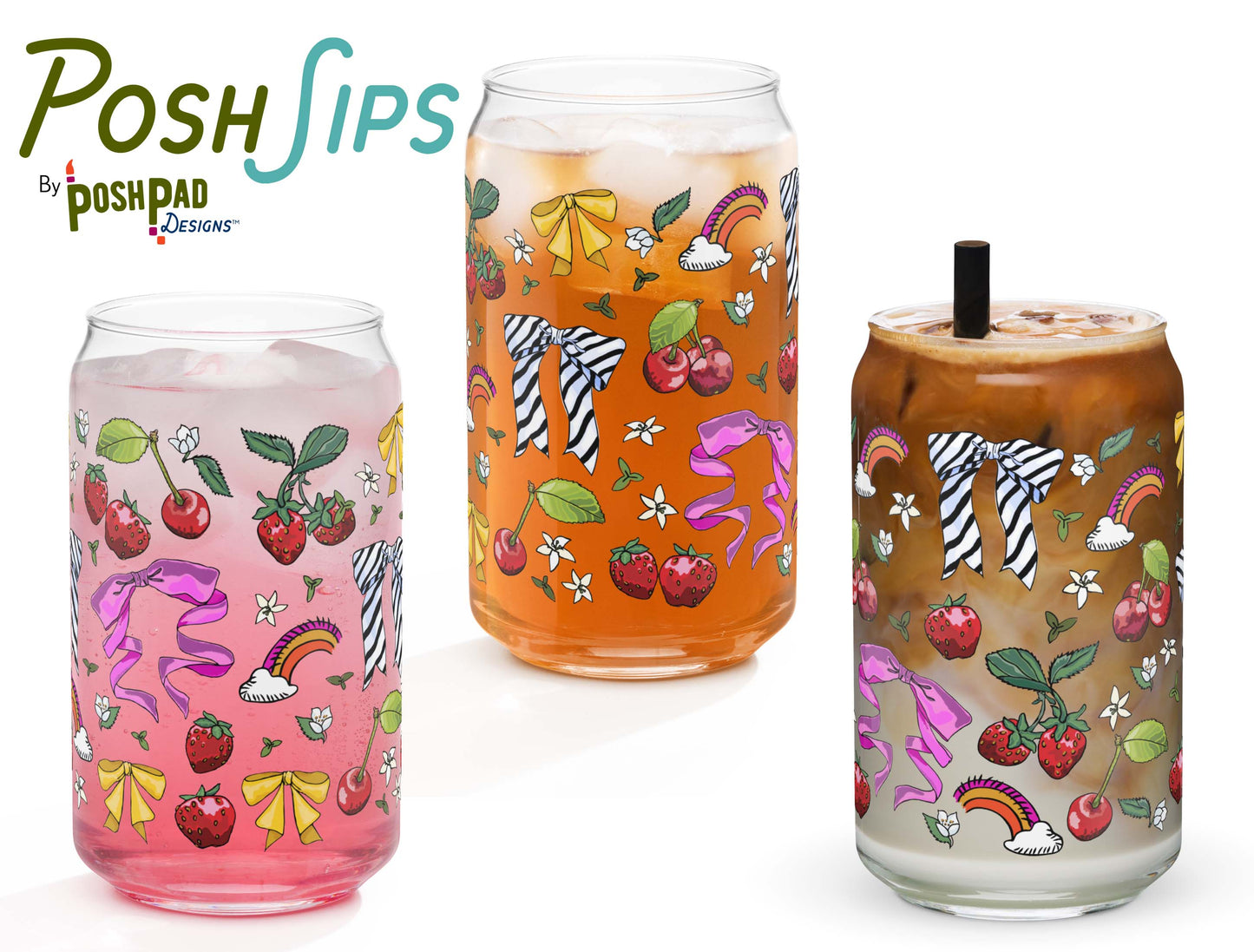 This image shows three glasses, each one with a different drink to show how the glass looks with differently colored liquid in it. There's a glass of pink drink, iced tea, and another with an iced latte.