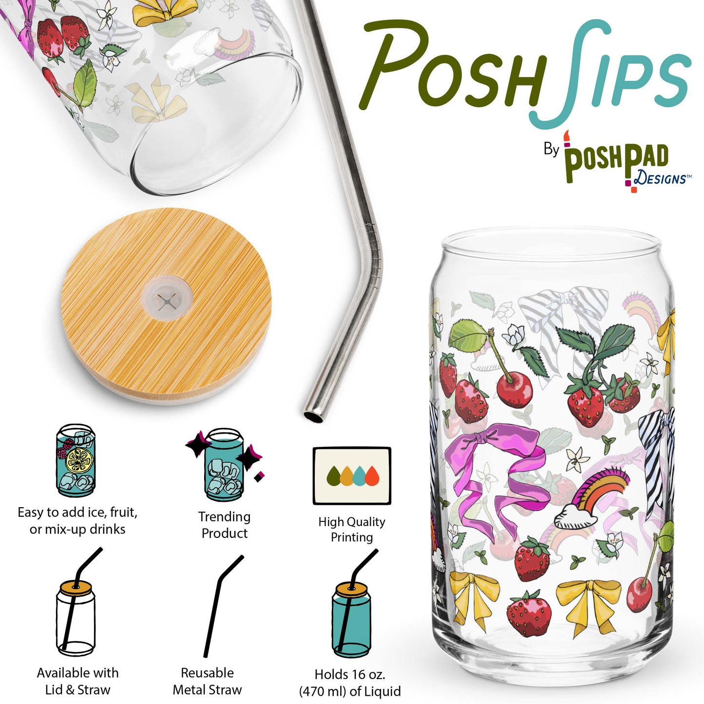 This infographic shows an angle of the glass with the lid and straw sitting beside it and a photo of the glass by itself. Product perks include a wide top that makes it easy to add ice and fruit, high-quality printing, an available option with a reusable metal straw and eco-friendly bamboo lid, and it holds 16 ounces of liquid.