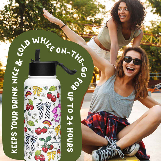There is a photo of the water bottle laid on top of a green organic shape. The words "Keeps you drink nice & cold while on the go for up to 24 hours" are written around the water bottle. There's a background photo of two women in an urban setting. One woman is pushing the other on a skateboard.