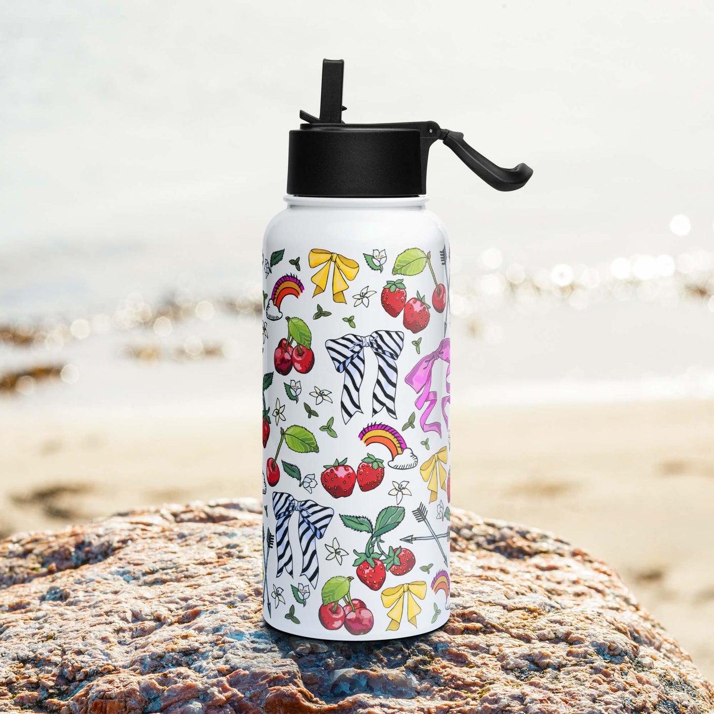 Right side of the Bows and Berries Insulated Water Bottle with a Straw Lid | Rainbows, Cherries, Strawberries, Bows and Arrows