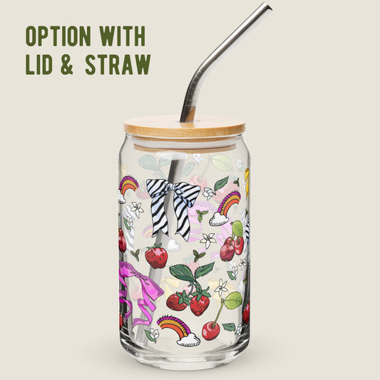 Bows and Berries glass tumbler with the lid an straw option on an ivory background.