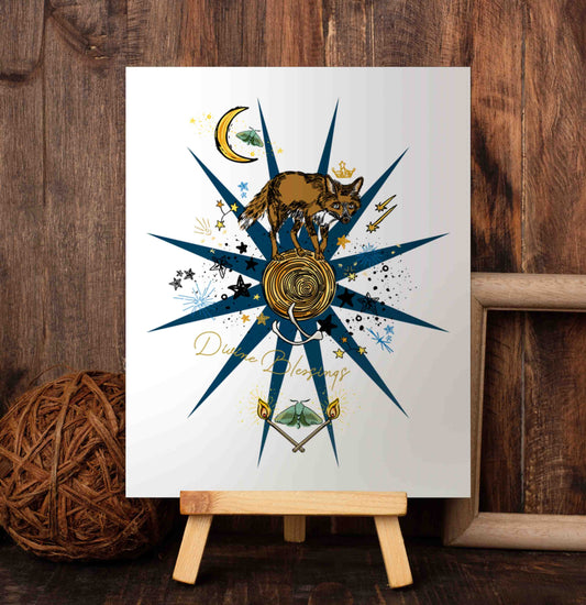 Celestial Fox and Crescent Moon art poster on a wooden easel set against a wood-paneled wall. “Divine blessings” aren’t just written on this print—they’re woven into the hand-drawn illustration. A sly fox stands atop a full moon, symbolizing completion, abundance, and transformation. Above her head hangs a crescent moon, representing new beginnings, feminine energy, and intuition. Burning matches signify what we’ve overcome, while fluttering moths embody the pursuit of light and enlightenment.