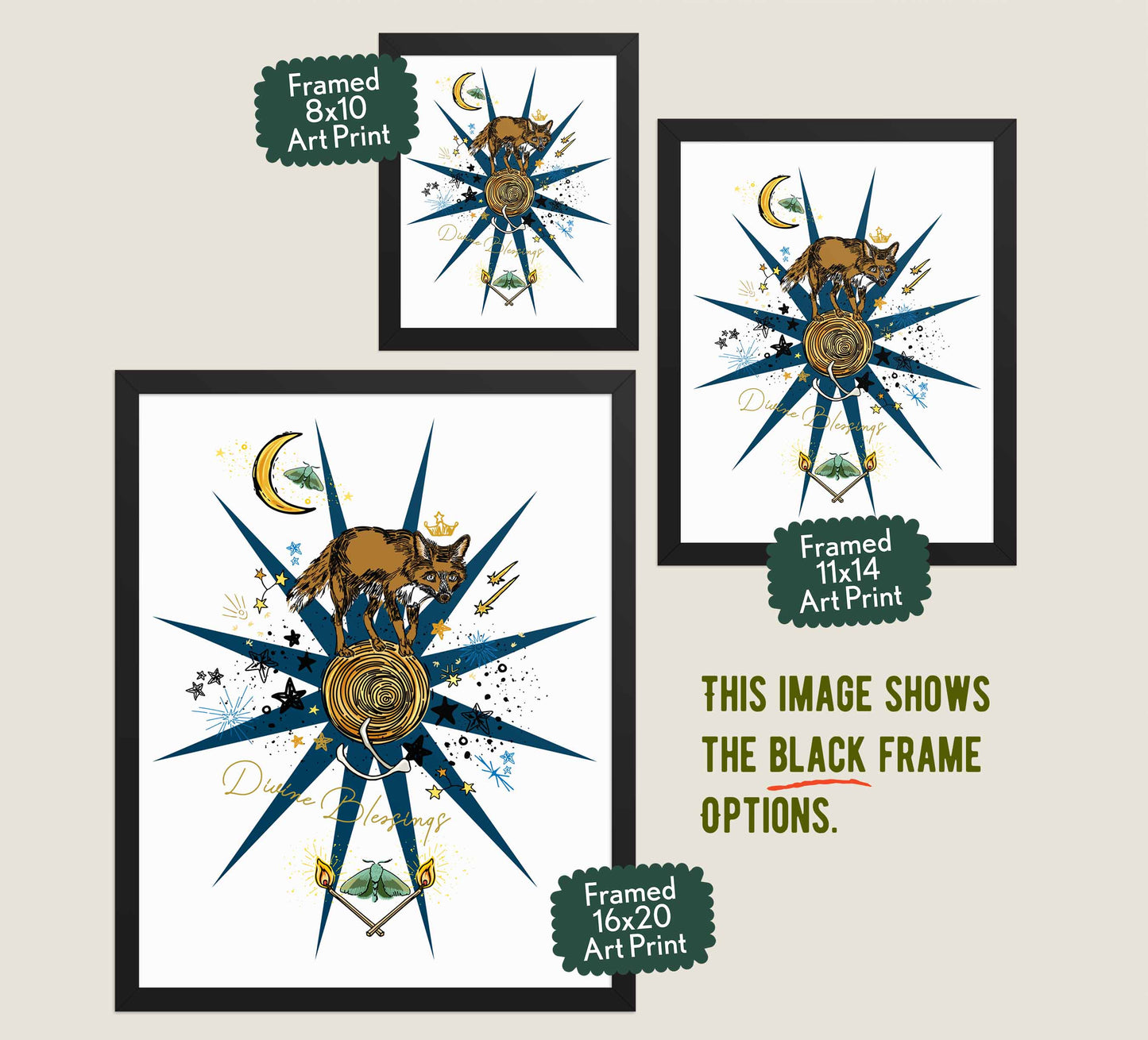 This image shows the three available sizes, which are 8x10, 11x14, and 16x20. This image shows them all in black wood frames.