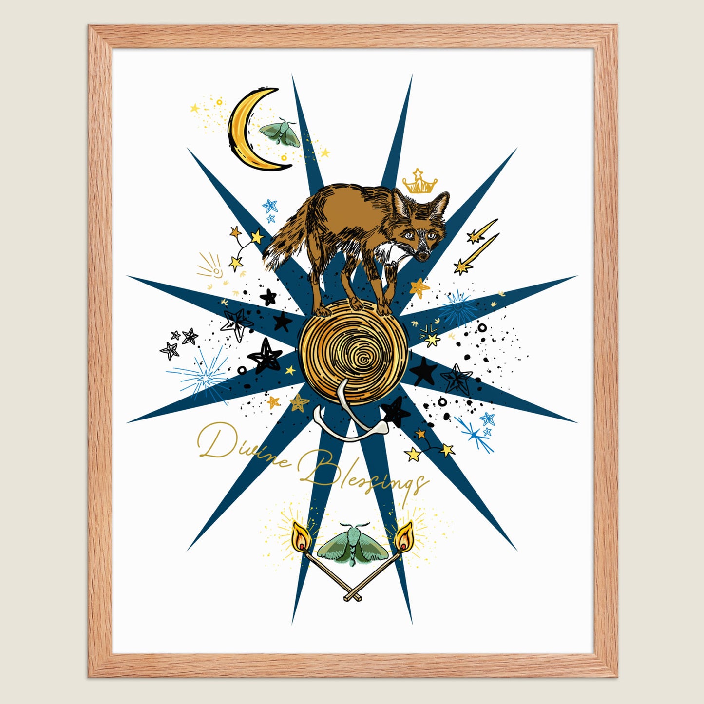 Celestial Fox and Crescent Moon art print in a natural wood frame.
