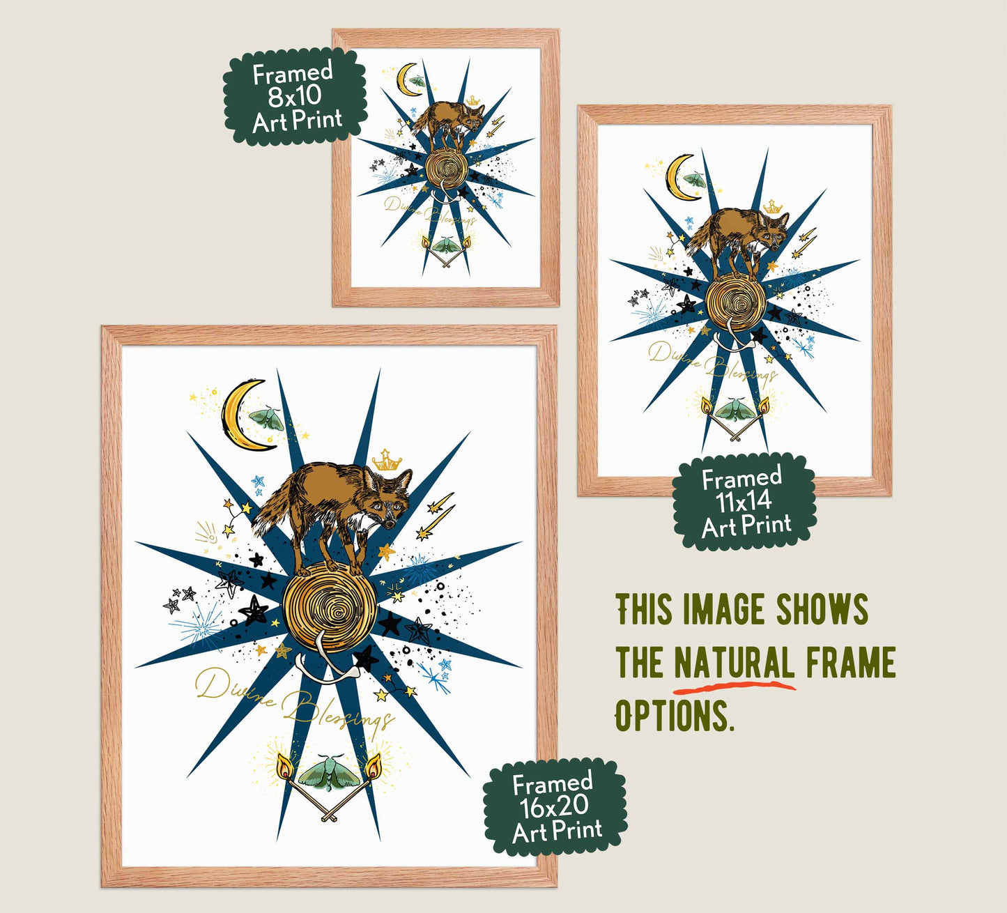 This image shows the three available sizes, which are 8x10, 11x14, and 16x20. This image shows them all in natural wood frames.