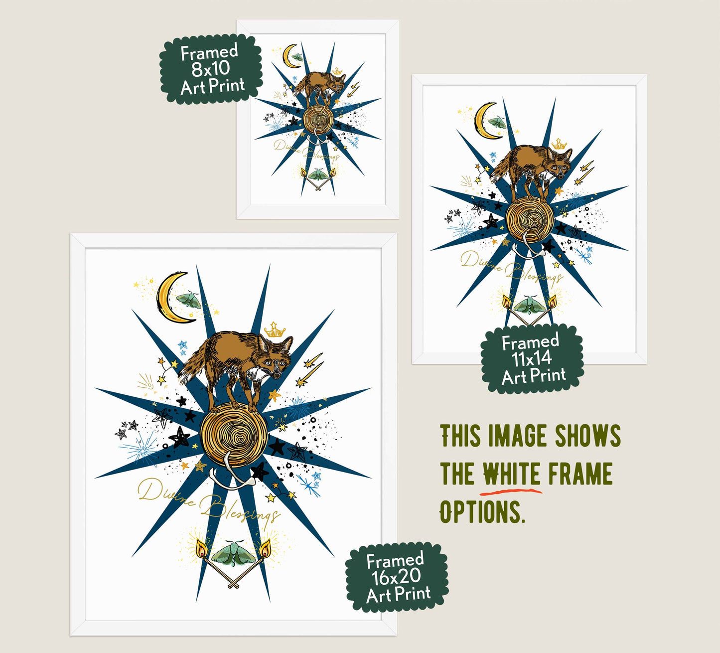 This image shows the three available sizes, which are 8x10, 11x14, and 16x20. This image shows them all in white wood frames.
