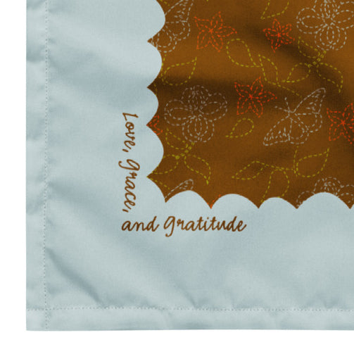 This corner detail shot shows the writing in the corner which says "Love, Grace, and Gratitude".