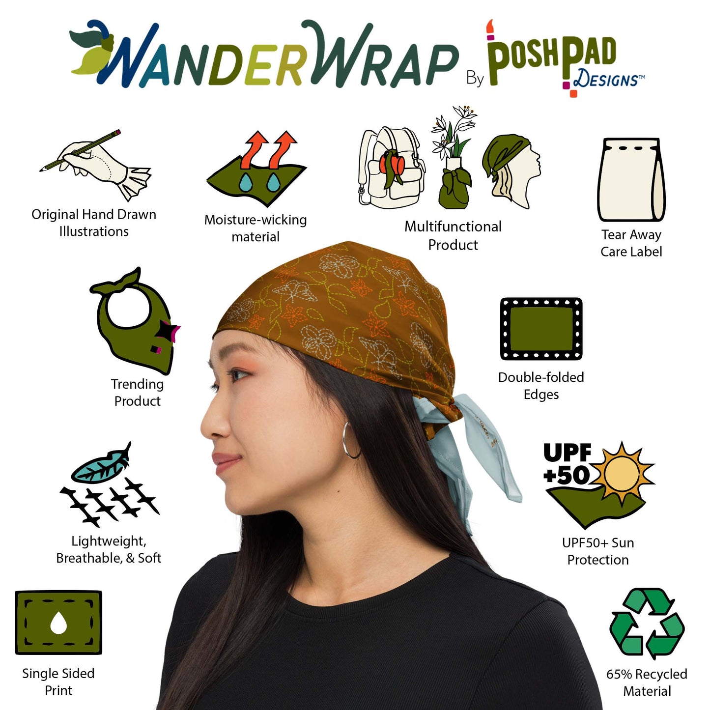 This is an image of illustrations showing features and a photo of a woman wearing the scarf bandana as a head wrap. Features include moisture-wicking recycled material, UPF sun protection, tear away label, trending product, and double-folded edges.