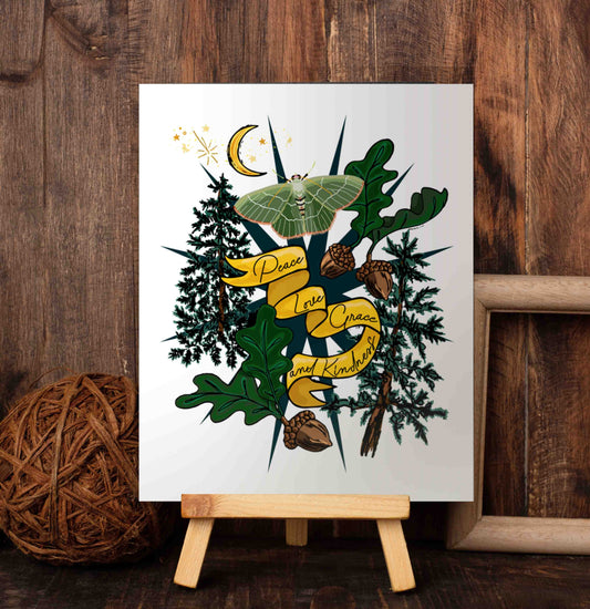 Crescent Moon Forest art poster on a wooden easel set against a wood-paneled wall. This artwork is full of symbolism. The crescent moon represents new beginnings, feminine energy, and intuition. The Luna moth represent hidden knowledge and enlightenment and is surrounded by acorns and oak leaves that symbolize wisdom. There are sturdy pine trees signifying resilience, longevity, and spiritual enlightenment.