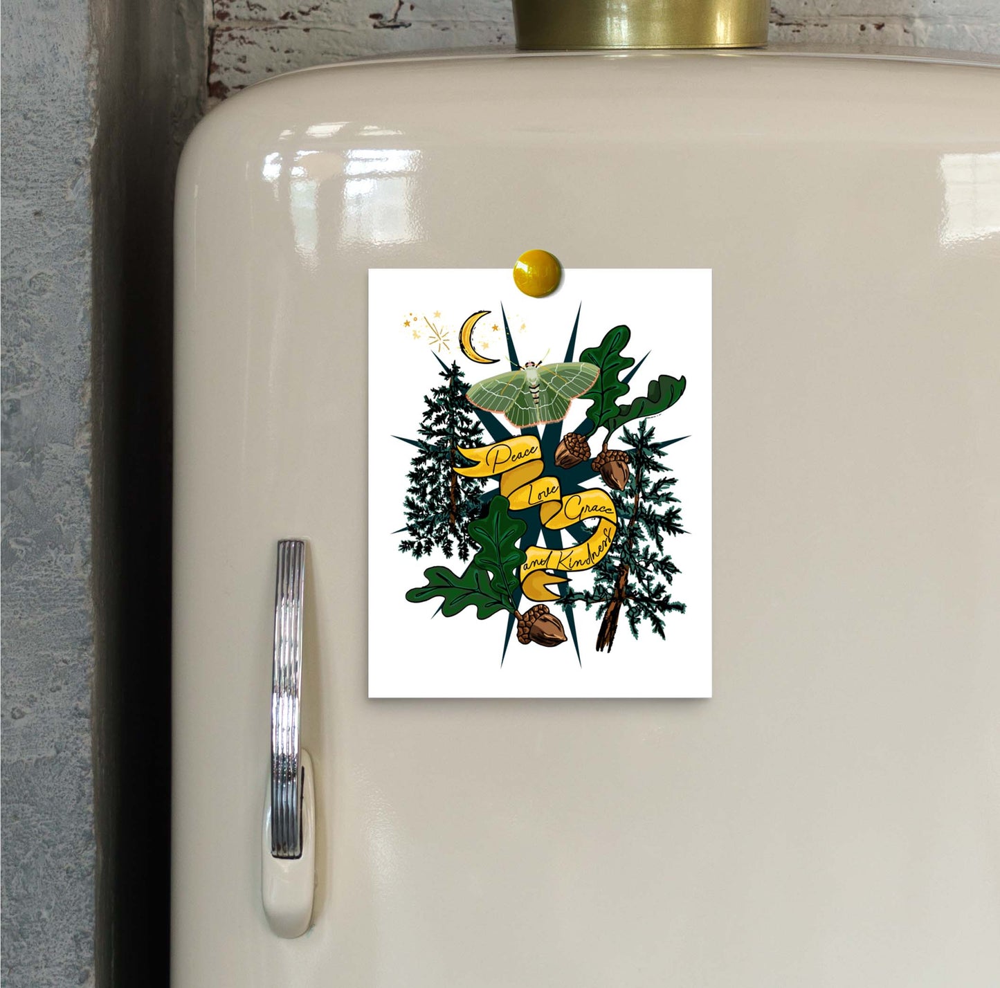 Crescent Moon Forest art print hung on a refrigerator door with a magnet.