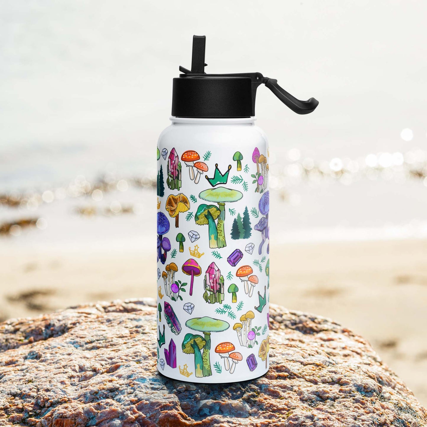 Right side of the Mushrooms & Crystals Insulated Water Bottle with Straw Lid | Wild Mushrooms, Amethyst, Tourmaline, Forest | Outdoorsy Girl Gift