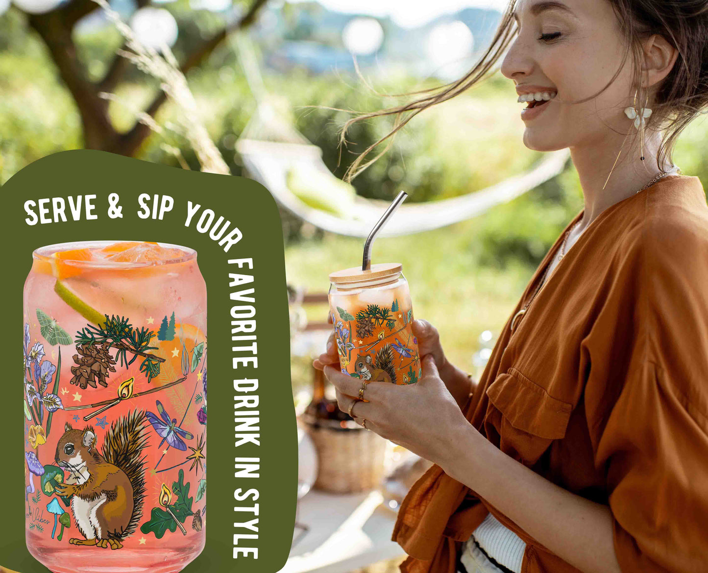 This is a photo of the glass with ice and a pink drink in it. It's laid over an organic green shape with the words "Serve & sip your favorite drink in style" written around the glass. This is laid over a photo of a woman holding the glass at a picnic.