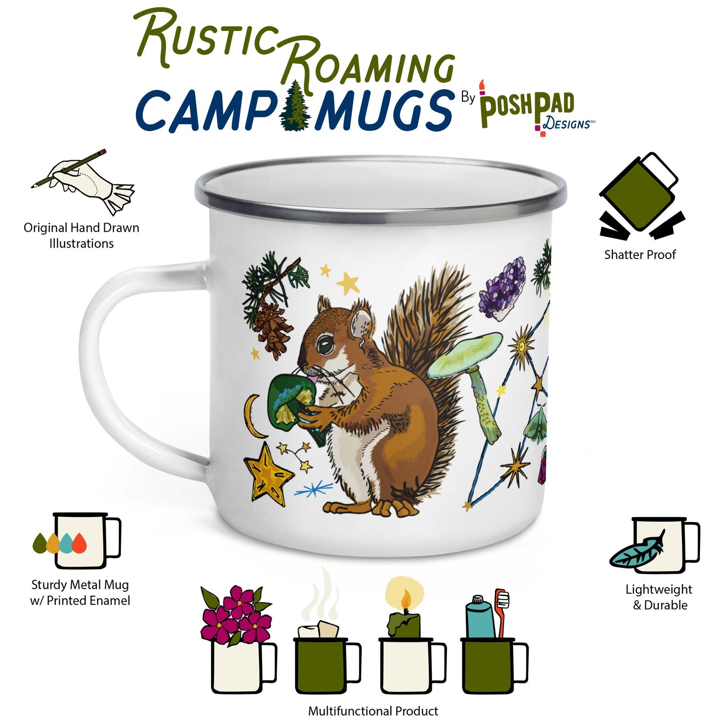Infographic showing the mugs features, which include hand-drawn illustrations, sturdy metal material with vibrant printing, lightweight, durable, and shatter proof. There is a photo of the mug in the middle and there are illustrations below it showing other uses like arranging wildflowers in it, holding a candle, and using to take items to the bathhouse like a toothbrush and toothpaste.