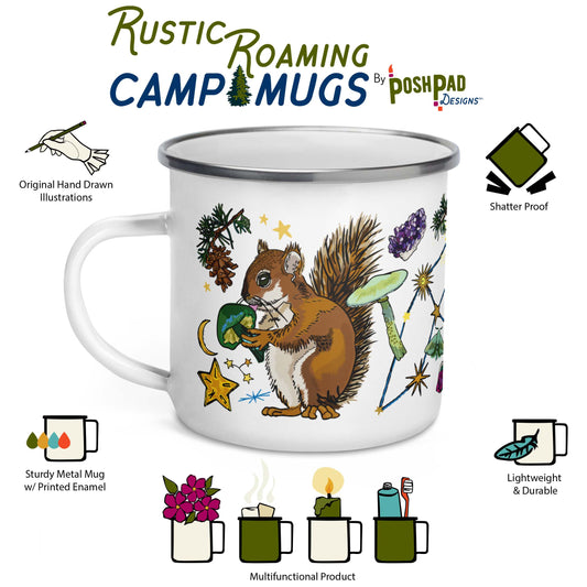 Infographic showing the mugs features, which include hand-drawn illustrations, sturdy metal material with vibrant printing, lightweight, durable, and shatter proof. There is a photo of the mug in the middle and there are illustrations below it showing other uses like arranging wildflowers in it, holding a candle, and using to take items to the bathhouse like a toothbrush and toothpaste.
