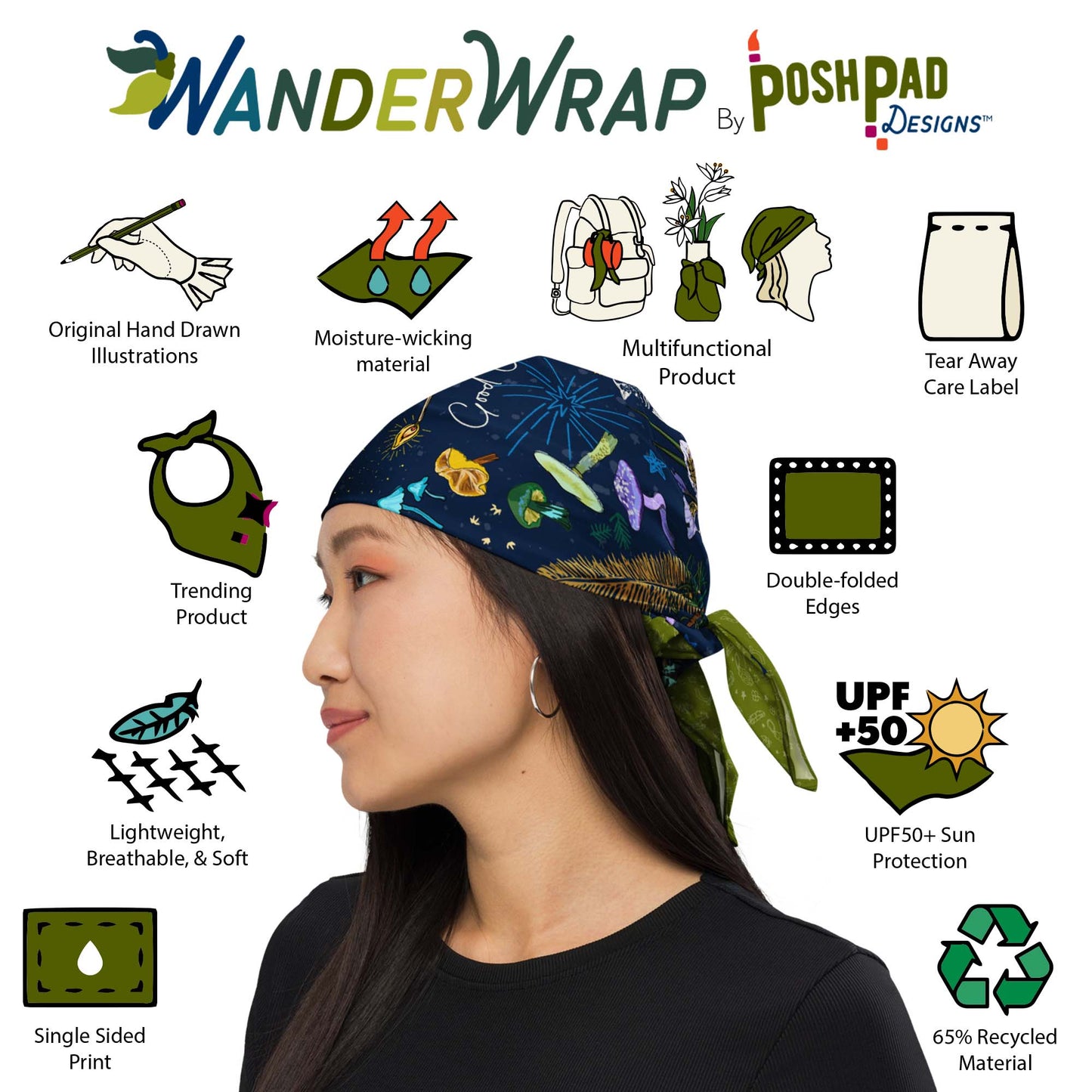 This is an image of illustrations showing features and a photo of a woman wearing the scarf bandana as a head wrap. Features include moisture-wicking recycled material, UPF sun protection, tear away label, trending product, and double-folded edges.