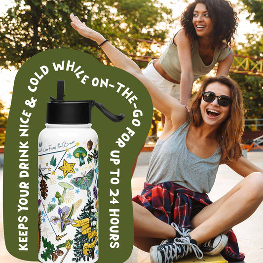 There is a photo of the water bottle laid on top of a green organic shape. The words "Keeps you drink nice & cold while on the go for up to 24 hours" are written around the water bottle. There's a background photo of two women in an urban setting. One woman is pushing the other on a skateboard.