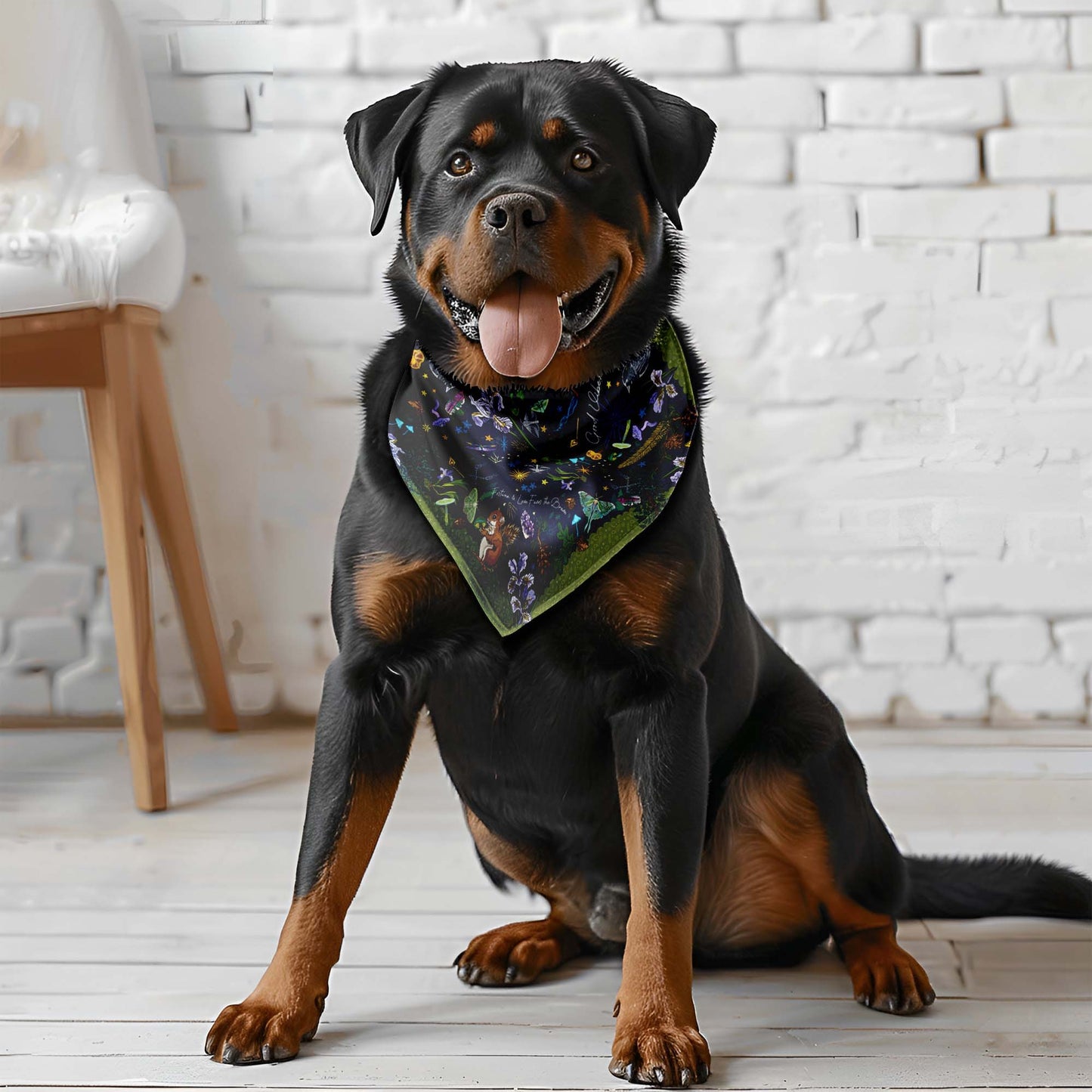 This is a photograph of a big black and brown dog sitting on a white wood floor. He's wearing the bandana around his neck.