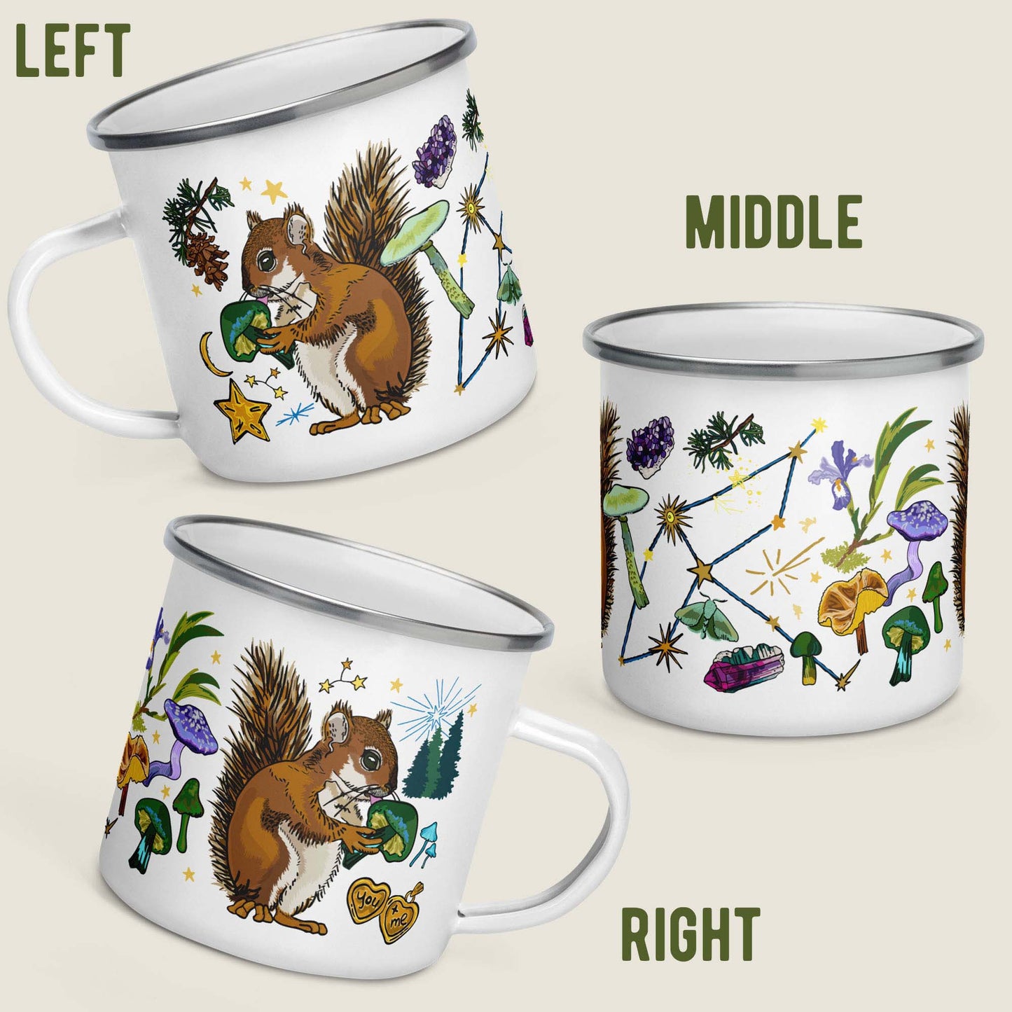 This image shows all sides of the camp mug so you can see how the artwork wraps around. The middle illustrations is the Cygnus constellation, stars, crystals, wild iris, and mushrooms. Both sides have a cheeky squirrel eating a mushroom. The left side has a crescent moon with a lucky star, pinecones, and more mushrooms. The right side has a golden locket with the words "you + me" and some tiny pine trees.